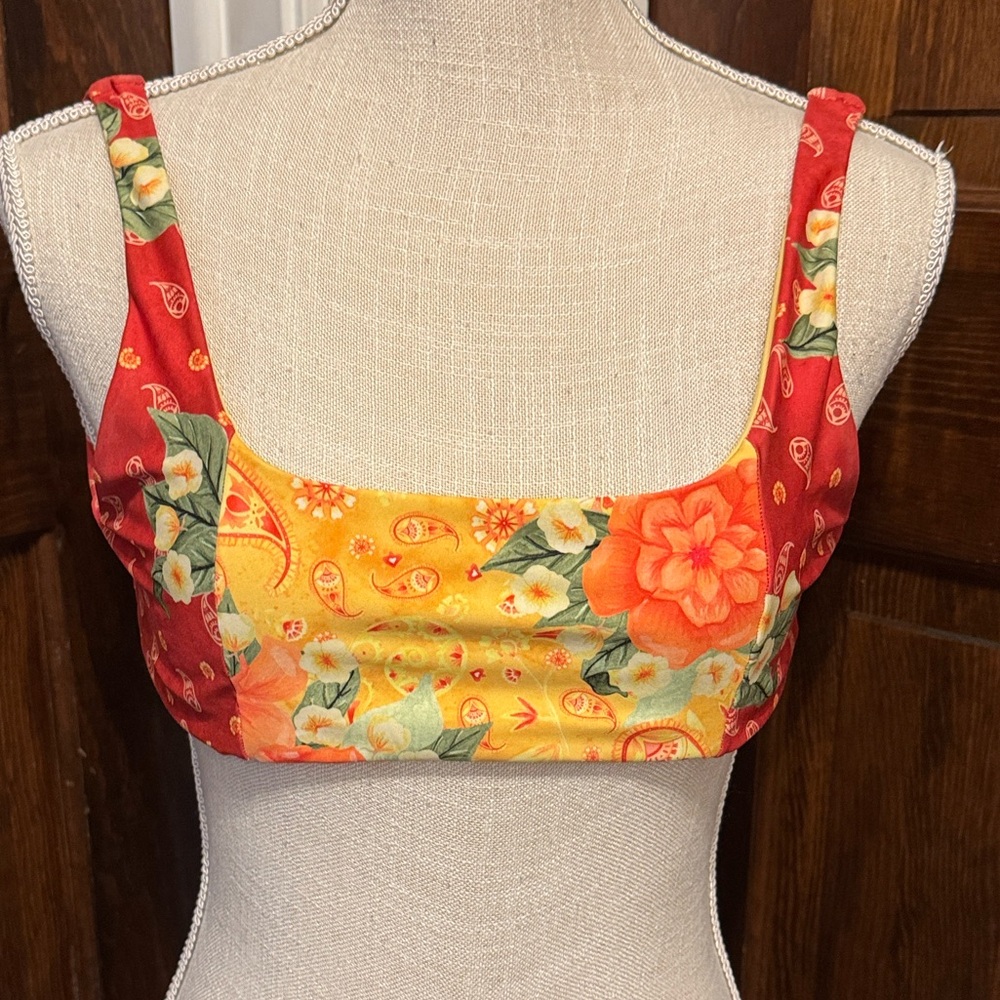 Agua Bendita Tropical Red and Yellow Floral Halter Bikini Top